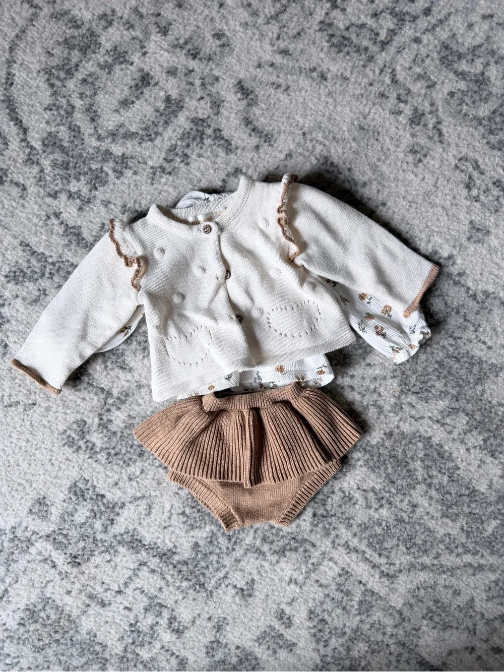 Mayoral Cream and Tan Knit Cardigan Set with Ruffled Bloomers